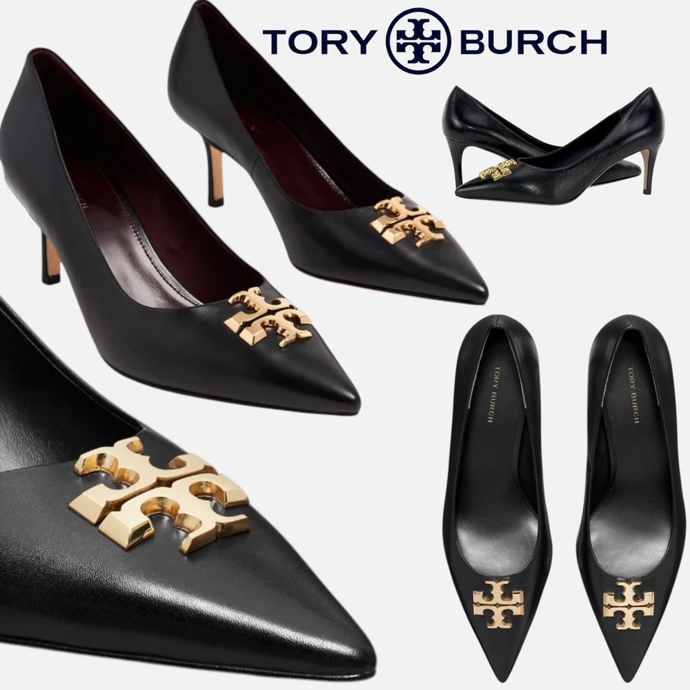 Tory Burch Eleanor 65 Pumps Black Leather Gold Logo Pointed Toe Heels Size 6.5
